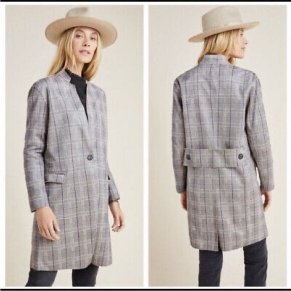 Blank NYC Anthropologie Jacket Women Size 2X Renegade Gray Brown Plaid Longline - Picture 3 of 16